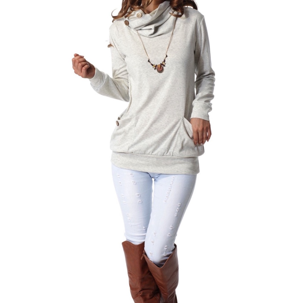 Long Sleeve, Cowl Neck, Slim Tunic with Buttons